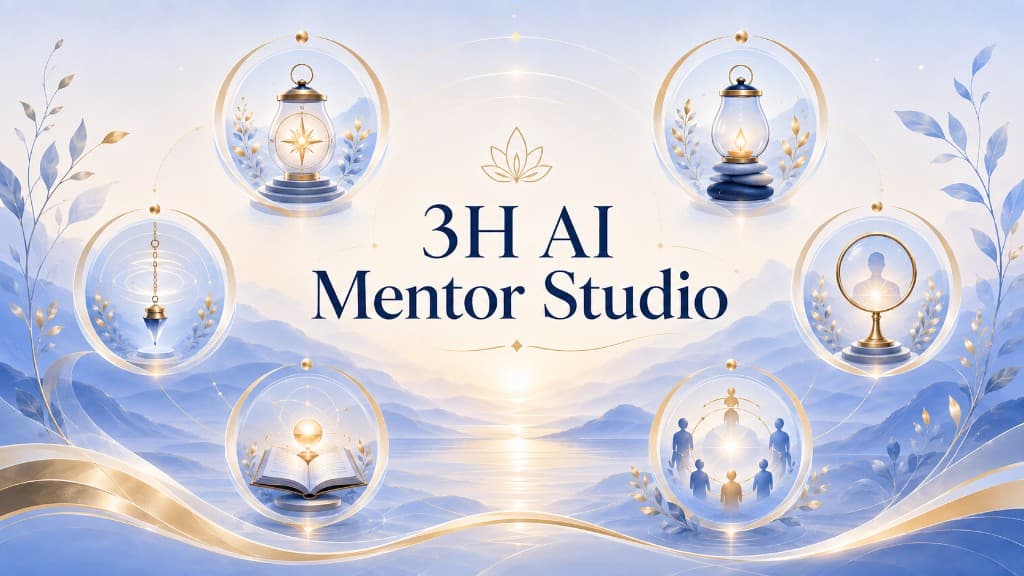 3H AI Mentor Studio graphic with gold lotus and six glowing orbs