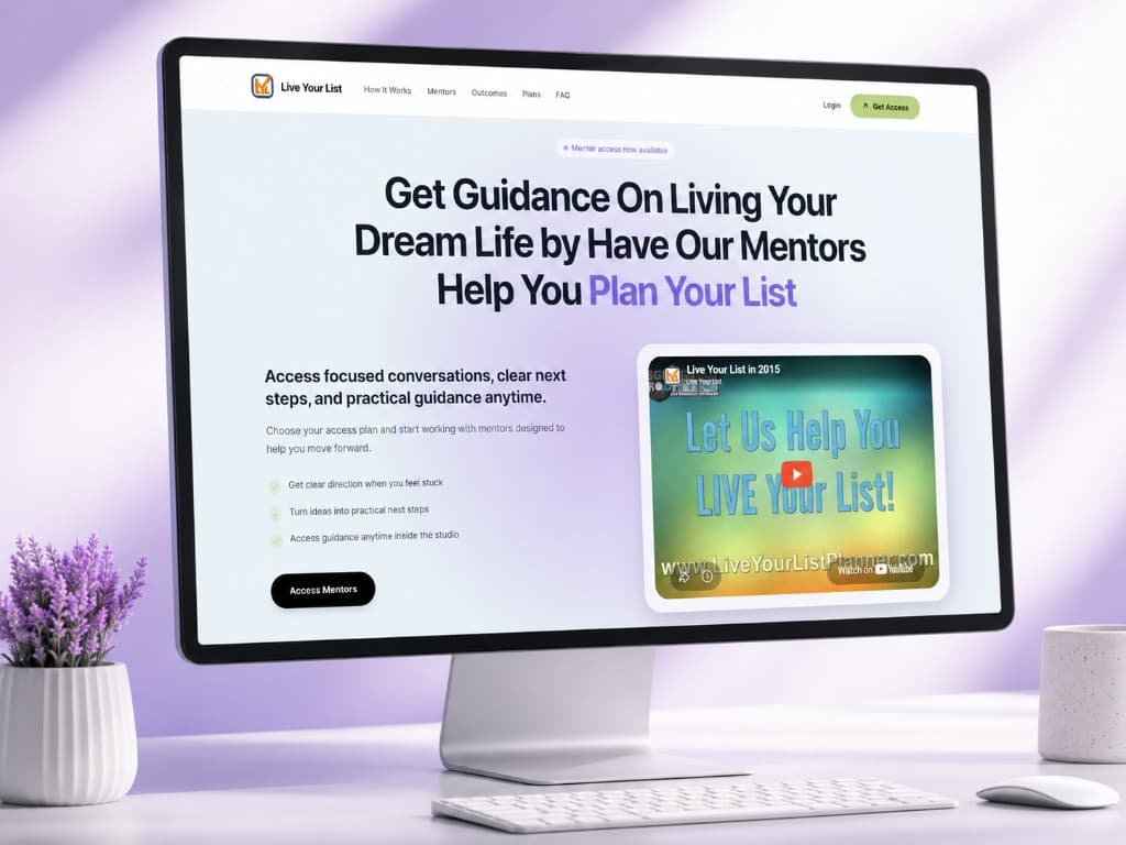 Branded Live Your List Studio sales page displayed on a desktop monitor