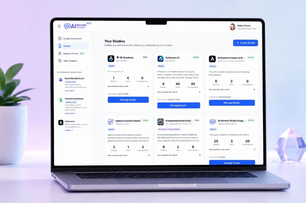 Mentor Studio creator dashboard showing multiple AI Mentor Studios.