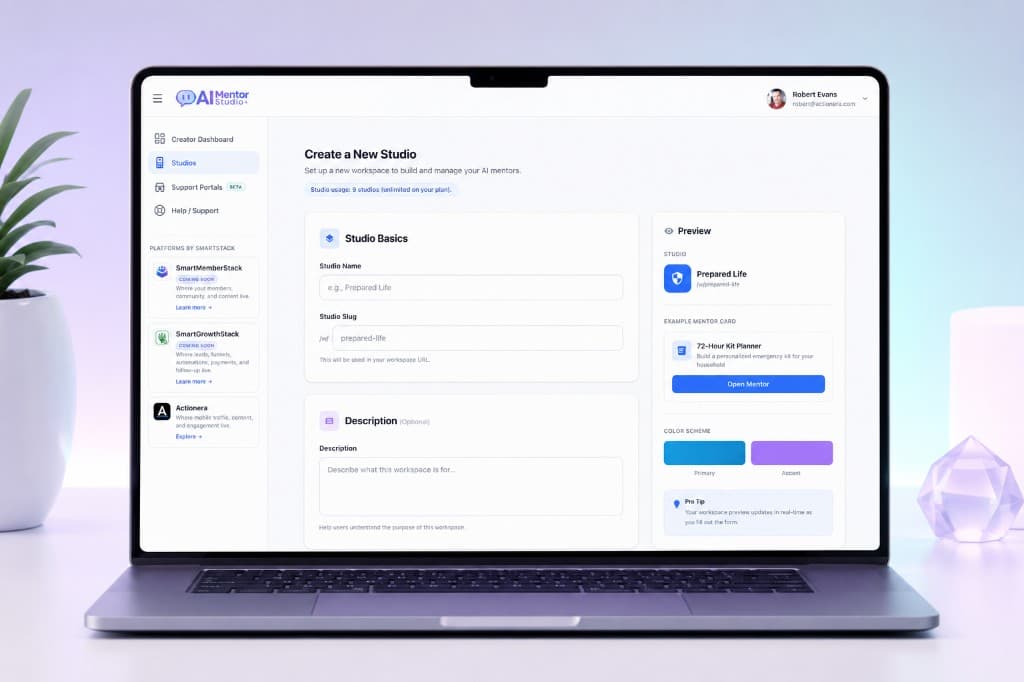 Create a New Studio workspace for naming, branding, and organizing AI Mentors.